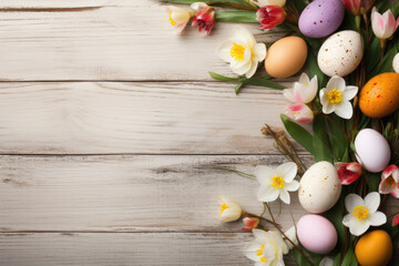 Fototapeta na wymiar Easter background with eggs and spring flowers, top view
