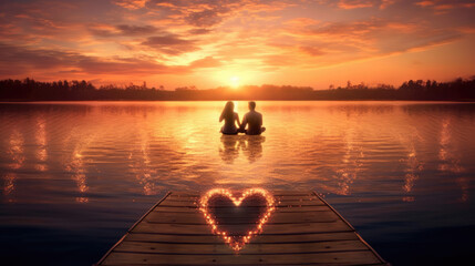 A photo of a couple sitting on a dock, dipping their feet in the water, with a heart-shaped sunset in the background - obrazy, fototapety, plakaty