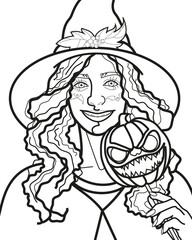 A coloring page depicting a portrait of a girl in halloween clothes holding a mask with the face of an evil pumpkin