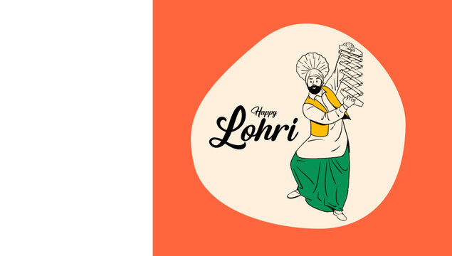 Happy Lohri calligraphy with Panjabi man dancing pose vector illustration