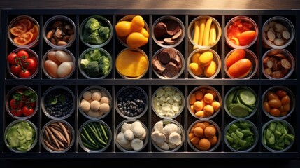 Collection with different fruits and vegetables divided into compartments.