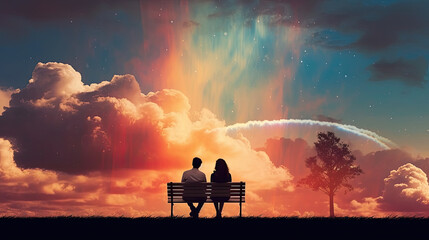 A photo of a couple sitting on a bench, gazing up at a heart-shaped rainbow in the sky