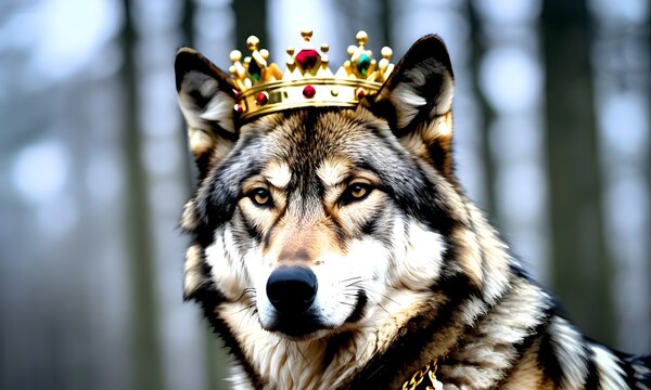 Portrait of a wolf in a crown on a background of a forest