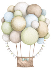 Air balloons with a basket in pastel colors. Children's watercolor illustration. Birthday, baby shower, children's party. Design element for cards, posters, banners, logo, invitations, packaging.
