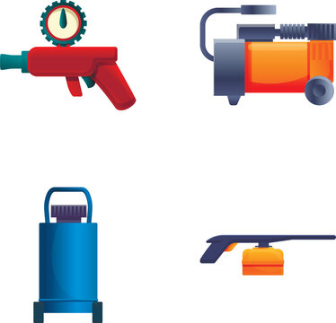 Reciprocating compressor icons set cartoon vector. High pressure air compressor. Industrial equipment