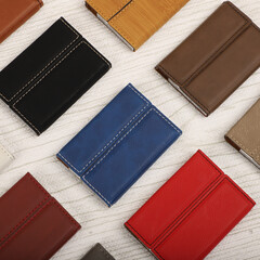 Colored leather business card holder, Genuine leather business card holder, concept shot, top view,...