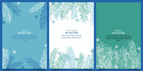 Collection Winter vector design background with pine branches and snowflakes theme design template. for card, banner, poster, social media, promotion background