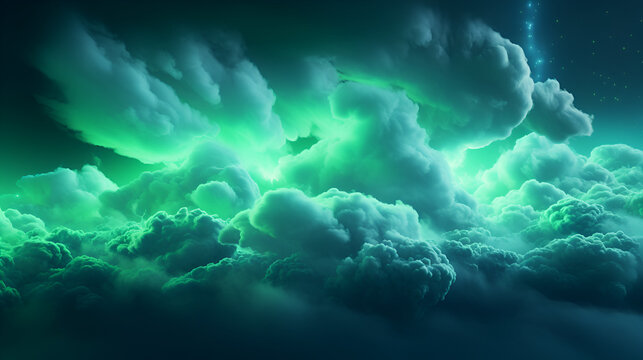 abstract background. Stormy cumulus. Blue fluffy cloud illuminated with green neon light. Minimal wallpaper