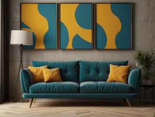 Loft home interior design of modern living room. Dark turquoise tufted sofa with virant yellow pillows