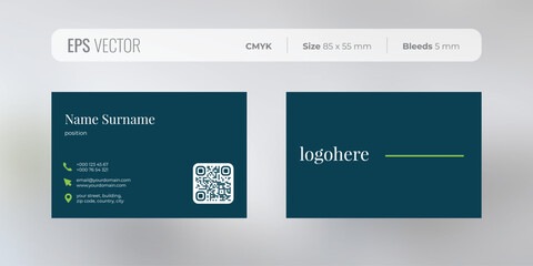 Business card template design in minimal style with contact icons and blue background