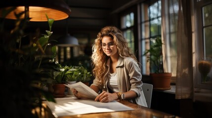 Businesswoman reading financial document - obrazy, fototapety, plakaty