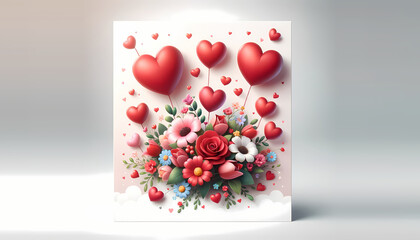 A Valentine's Day event card design featuring red hearts and a bouquet, set against a white background