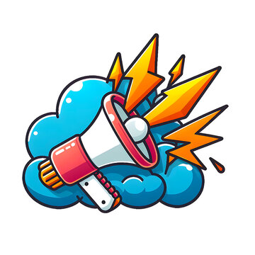 Illustration of adorable megaphone with thunder and cloud in a cartoon Sticker design style