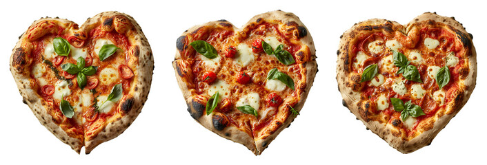 Set of Top-View Valentine's Day Pizza: Heart-Shaped Margherita Pizzas with Ample Copy Space, Isolated on Transparent Background, PNG