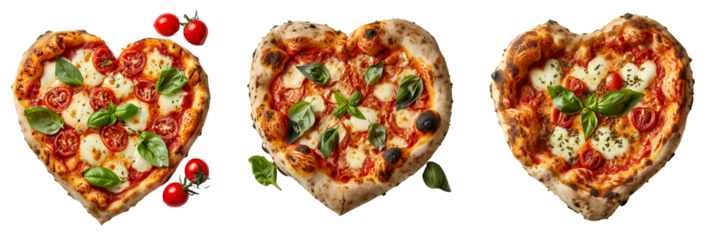 Set of Heart-Shaped Margherita Pizzas for Valentine's Day Poster with Copy Space, Top View, Isolated on Transparent Background, PNG