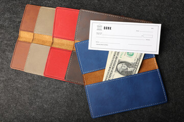 Colorful leather checkbook. Genuine leather checkbook, concept shot, top view, different color,...