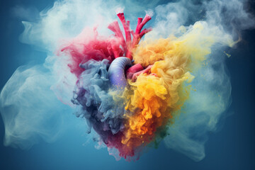 Human heart in colorful smoke splash or dust.