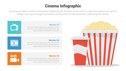 movies or cinema infographics template diagram with food popcorn and drink with 6 point step creative design for slide presentation - obrazy, fototapety, plakaty
