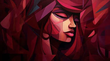 face of a woman in cubist style on red background
