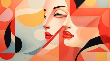 face of a woman in cubist style on pink background - obrazy, fototapety, plakaty