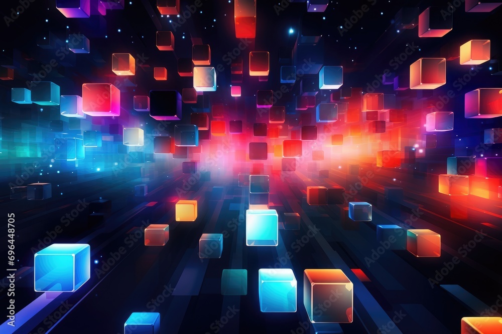 Poster abstract background with glowing cubes in blue, violet and red colors, abstract background with colo