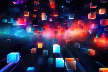 abstract background with glowing cubes in blue, violet and red colors, Abstract background with colorful lights and squares, AI Generated
