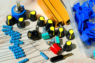 Radio components for electronic equipment repair, regulators, resistors, connectors.