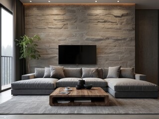 Minimalist home interior design of modern living room. Live edge accent coffee table