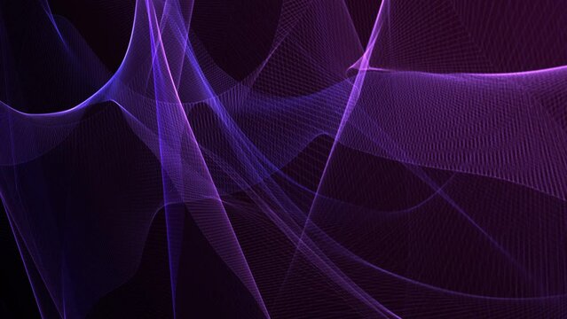 3D Animation movement of purple blue wire frame mesh wave movements effect. Seamless looping Neon glowing modern lines background. LED Sci-Fi wall. 4K futuristic title intro, cyber vj loop.
