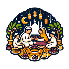 Illustration of family iftar with moroccan lantern with light of stars and sparkling joyfull in a cartoon Sticker design style