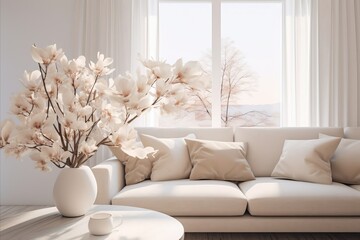bright modern living room in southern tones with a sofa and a bouquet of flowers in a vase - obrazy, fototapety, plakaty