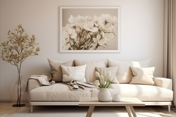 modern minimalist living room with light colors with lots of light and flowers in a vase on the coffee table