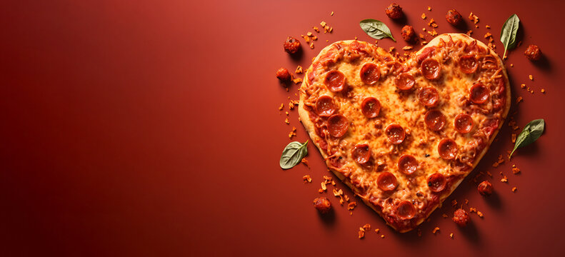 Pizza in the shape of a heart on a red background, Valentines day