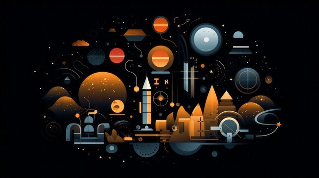 Illustration of iconic images in flat style of men and women in everyday life moments with objects and situations expressing emotions on a black background with space for  text 