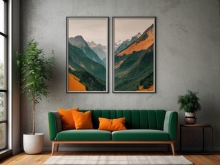 Green sofa and orange chairs against wall with poster frame. Mid-century, vintage