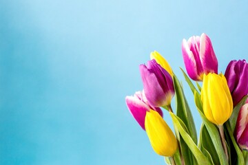 Pinke gelbe Tulpen auf blauem Hintergrund 