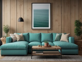 Turquoise fabric sofa and wall mounted cabinets against wood lining wall with blank mock up poster frame