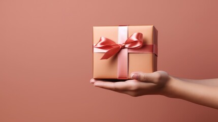 A person's hands holding a gift box with a brown bow on a festive celebration background.