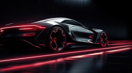 A futuristic sleek and aerodynamic car driving through a neon-lit tunnel.
