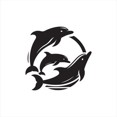 dolphin silhouette: Ocean Harmony, Dolphin Pods, and Marine Life Symphony in Harmonious Silhouettes - Minimallest fish black vector
