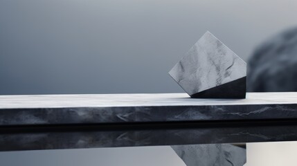 A marble cube sits on top of a marble surface with a reflection in the water. 