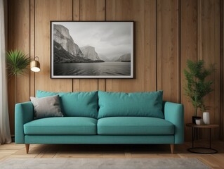 Turquoise fabric sofa and wall mounted cabinets against wood lining wall with blank mock up poster frame