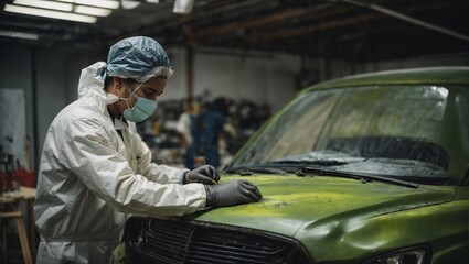 A painter in protective workwear and respirator painting a car body