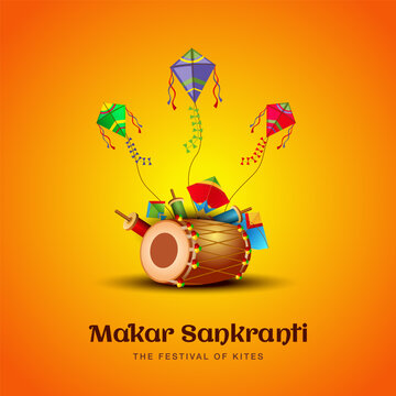 Indian festival Happy Makar Sankranti poster design with group of colorful kites flying yellow background. vector illustration design.