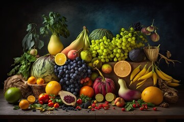 Fruits and vegetables were placed together in a wooden box with a dark background