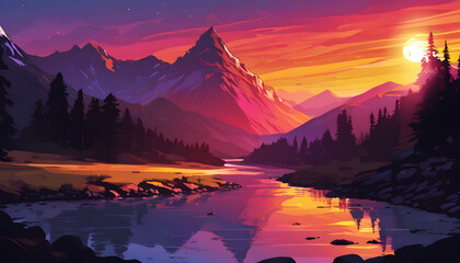 Fototapeta na wymiar Beautiful mountain landscape with a lake and mountains at sunset. Generative AI