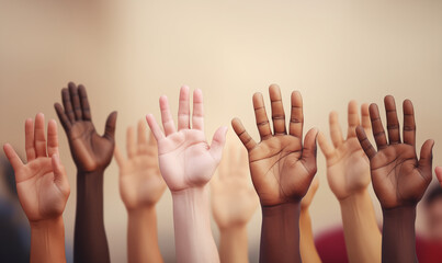 Multi racial group of raised hands - obrazy, fototapety, plakaty