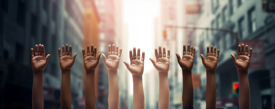 Group of diverse arms raised up in the air , multi ethnic and diversity concept