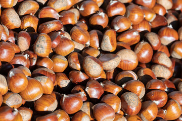 chestnuts from local organic crops for sale at a street market. Healthy and organic food.