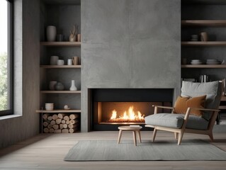 Grey chair by fireplace against concrete wall with shelves. Scandinavian home interior